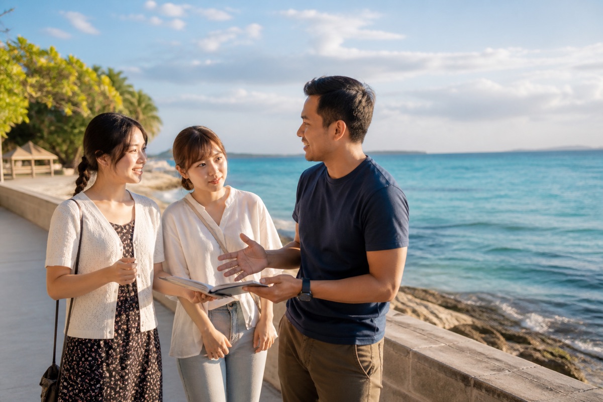 海辺で講師と英語で振り返る体験