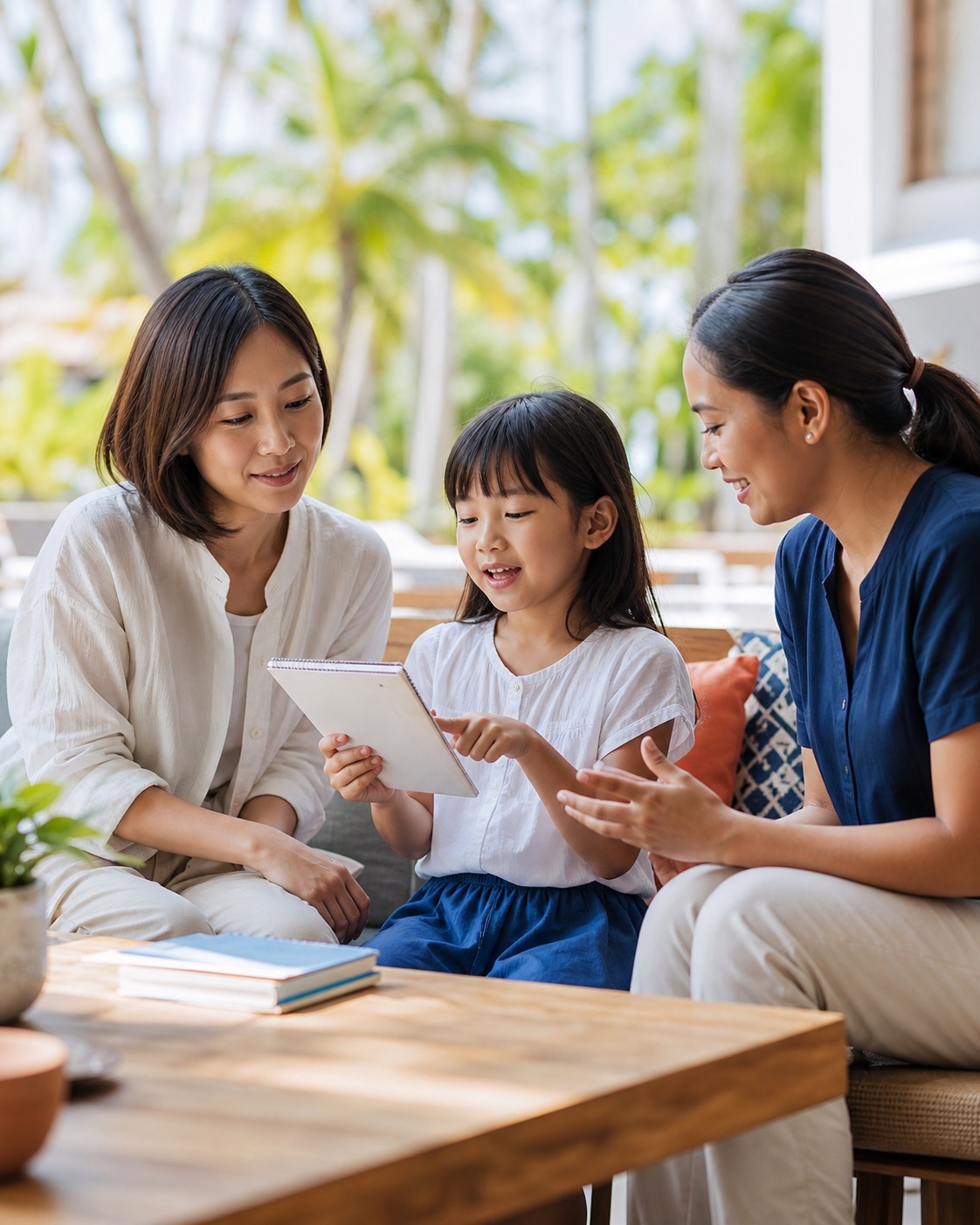 親子が講師と一緒に英語で話す学習体験のイメージ