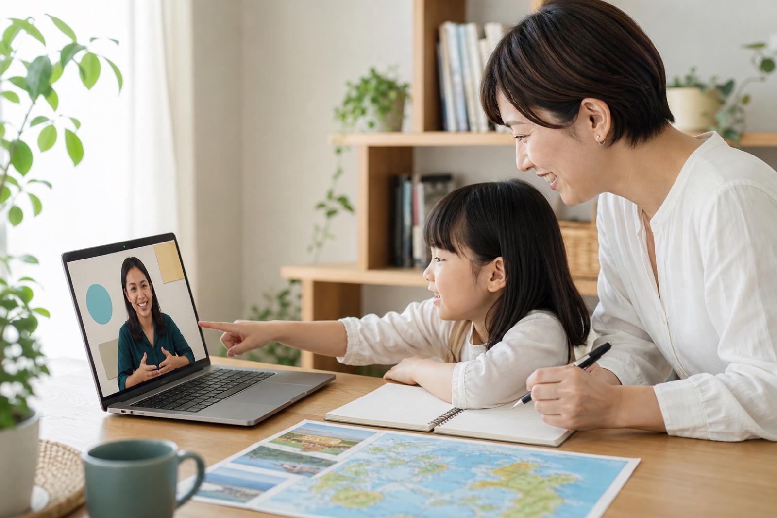 親子がオンライン英会話でセブ島での体験を計画する様子